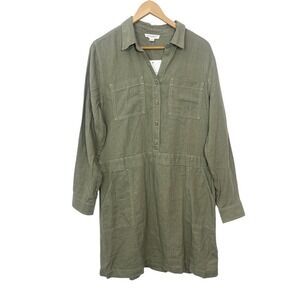 Beachlunchlounge Green Linen Blend Utility Shirt Dress Size Large Vacation NWT